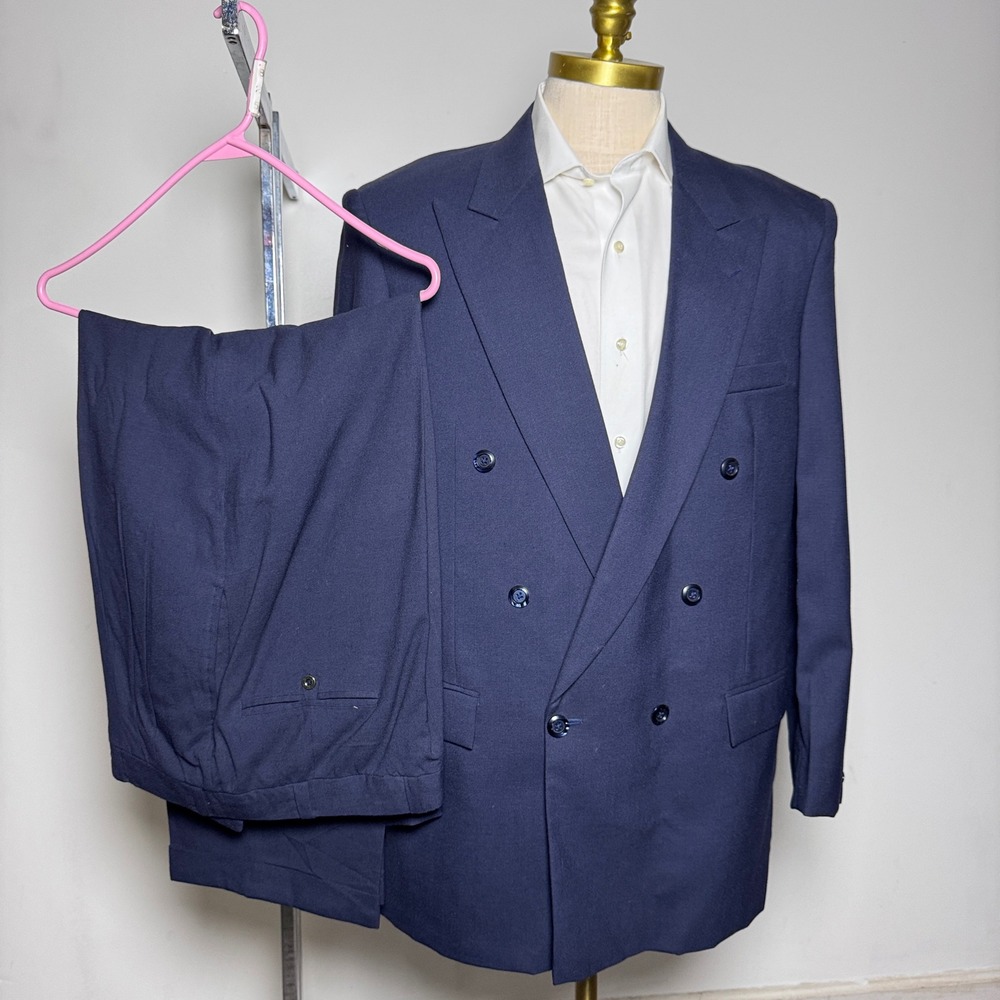 Vintage custom tailored Suit Mens 40R 33W Blue Solid Double Breasted Peak Lapel